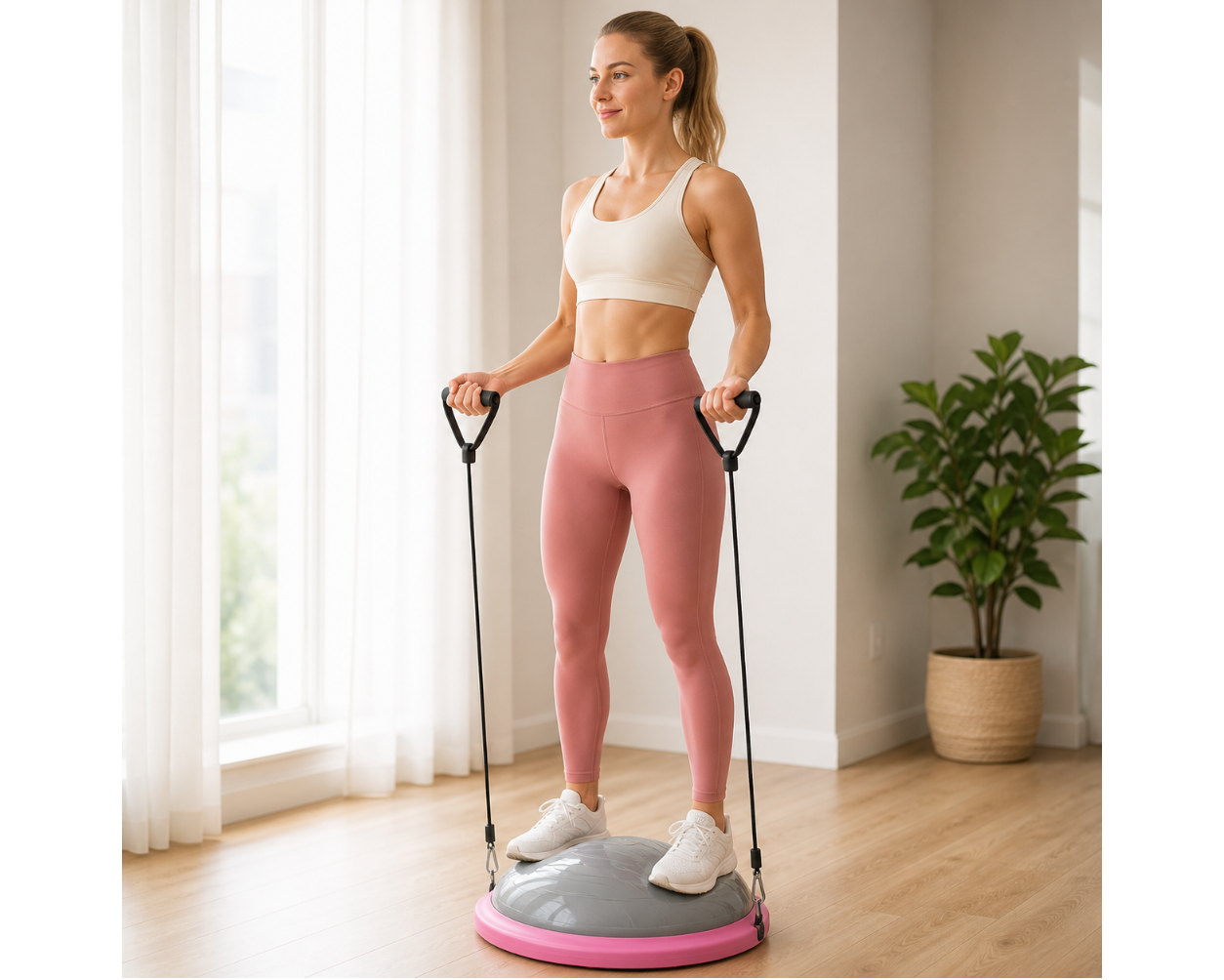 Woman using the balance trainer for a home workout
