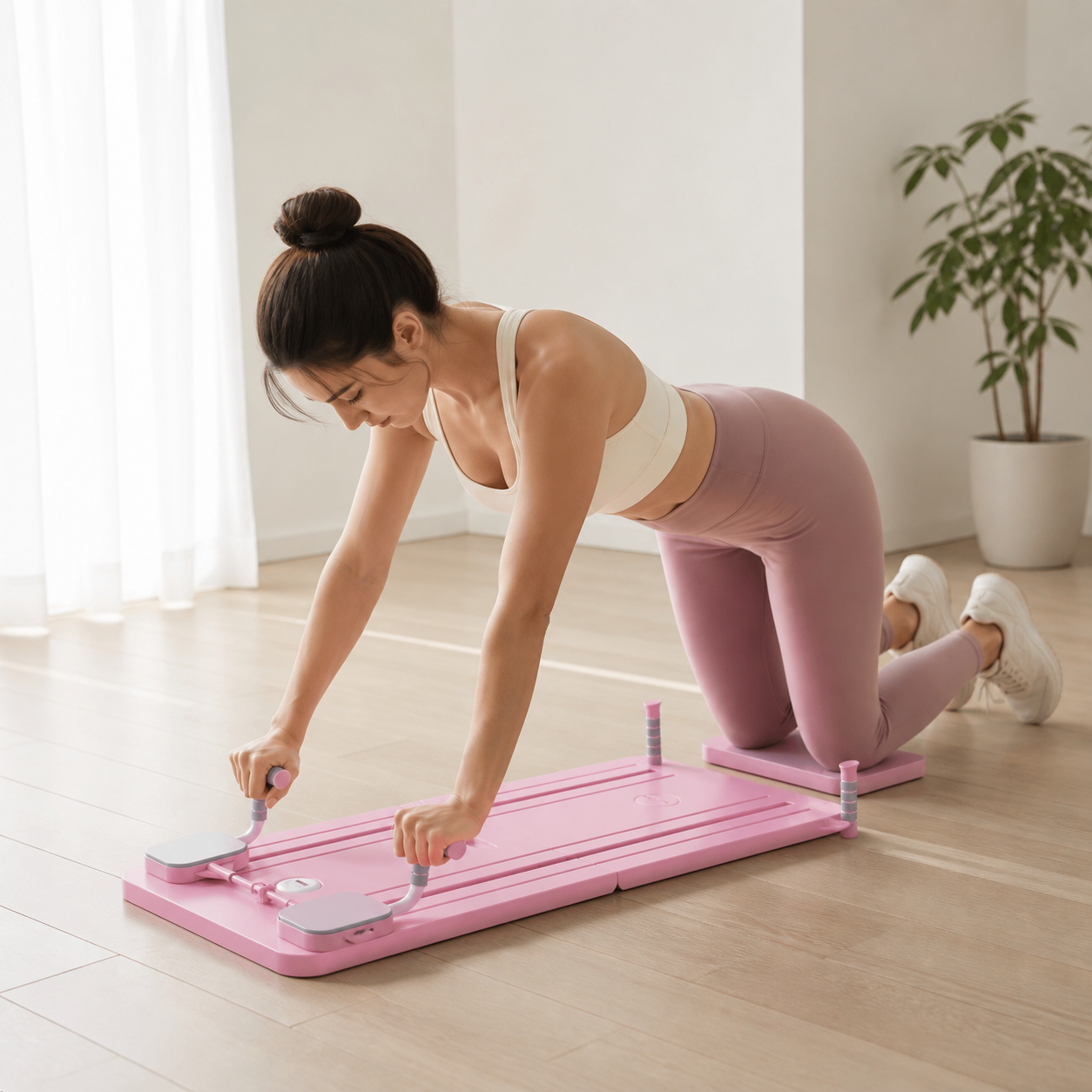 Woman using the Pilates core board for a home workout