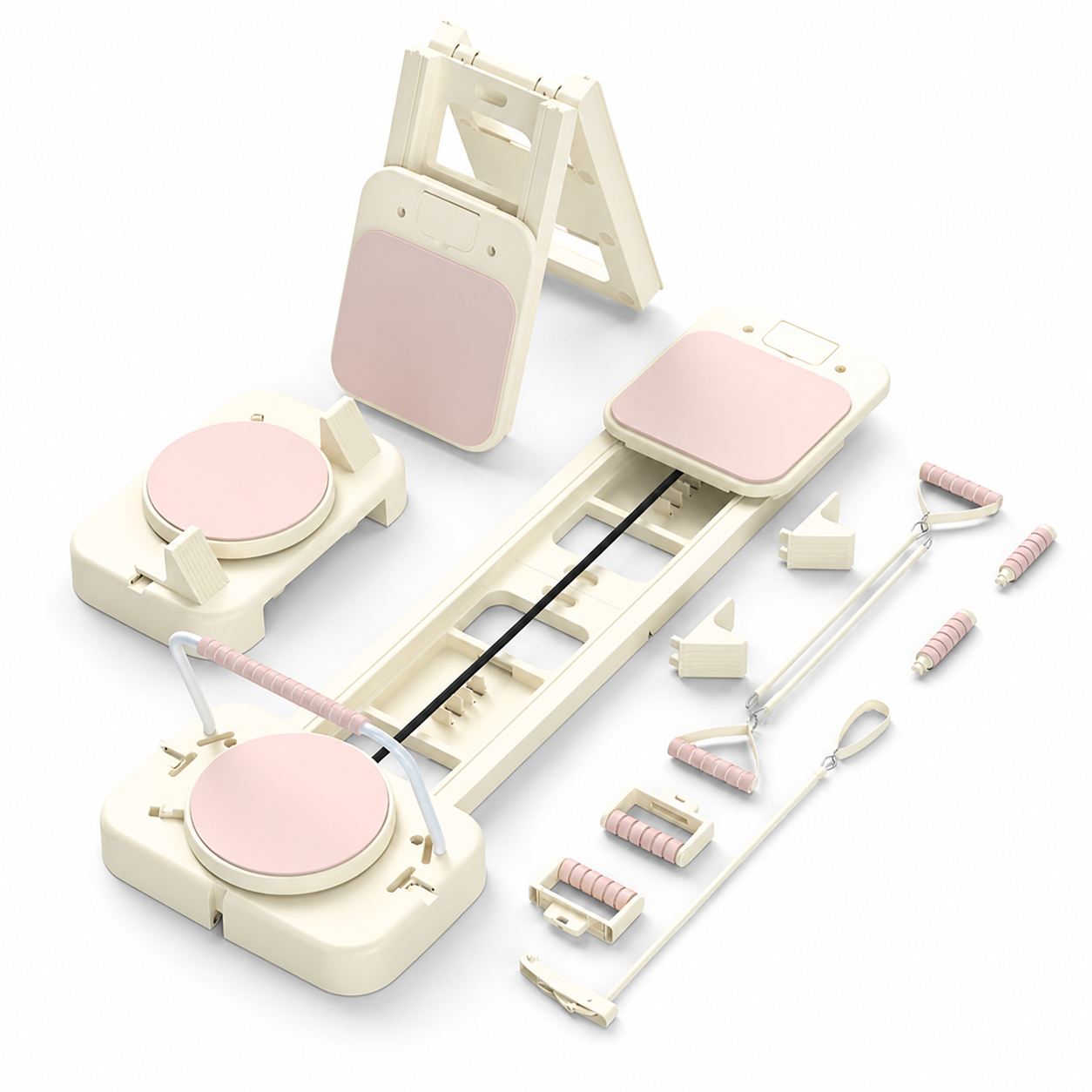 Home Pilates Reformer in cream blush with included accessories