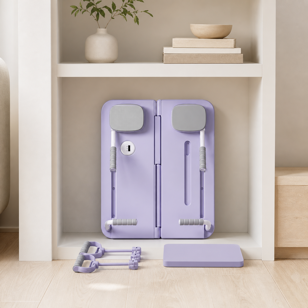 Foldable Pilates core board stored compactly at home